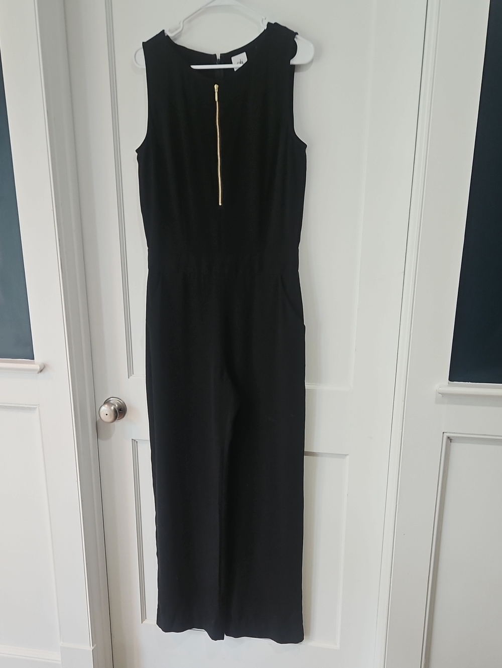 CAbi Black Sleeveless Jumpsuit with Gold Zip